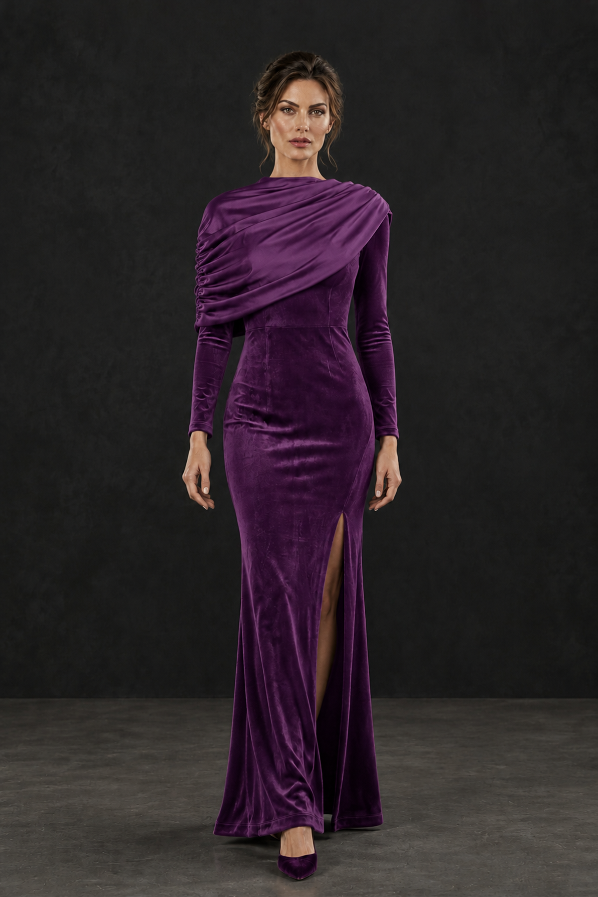 BOLODOO Purple Velvet Long Sleeve Draped Mother of the Bride Dress - Purple - Purple_4