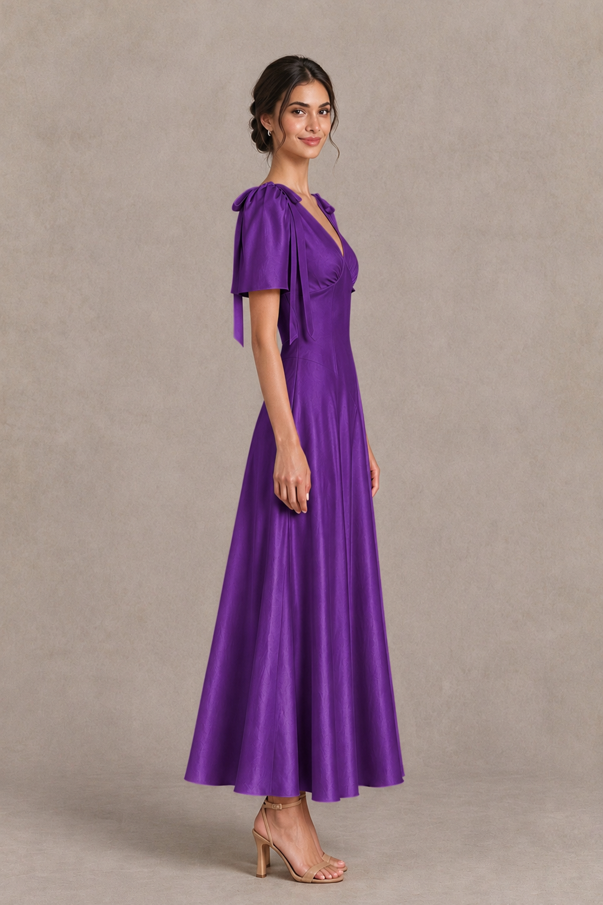 BOLODOO Purple V-Neck Short Sleeve Satin-Look Bridesmaid Dress with Shoulder Bows - Purple - Purple_4