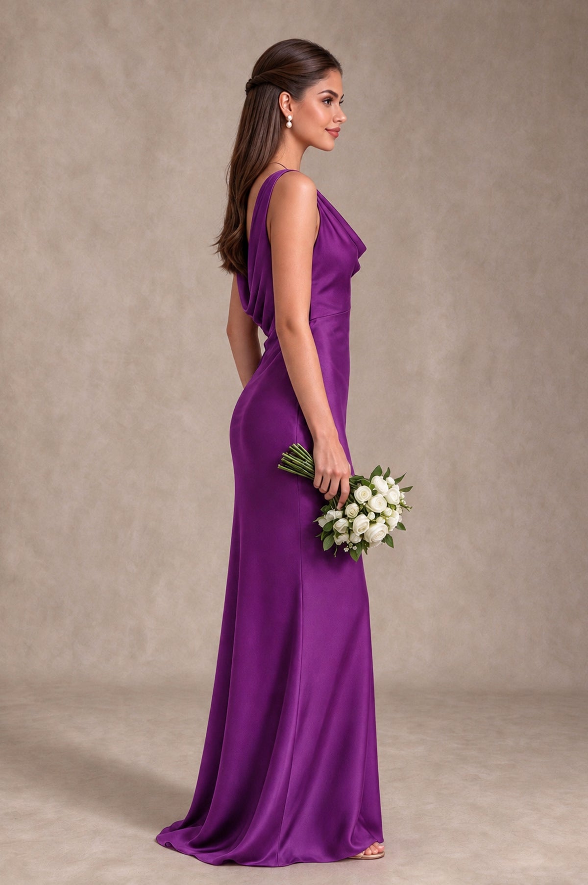 BOLODOO Purple Cowl Neck Open Back Satin Bridesmaid Dress - Purple - Purple_4