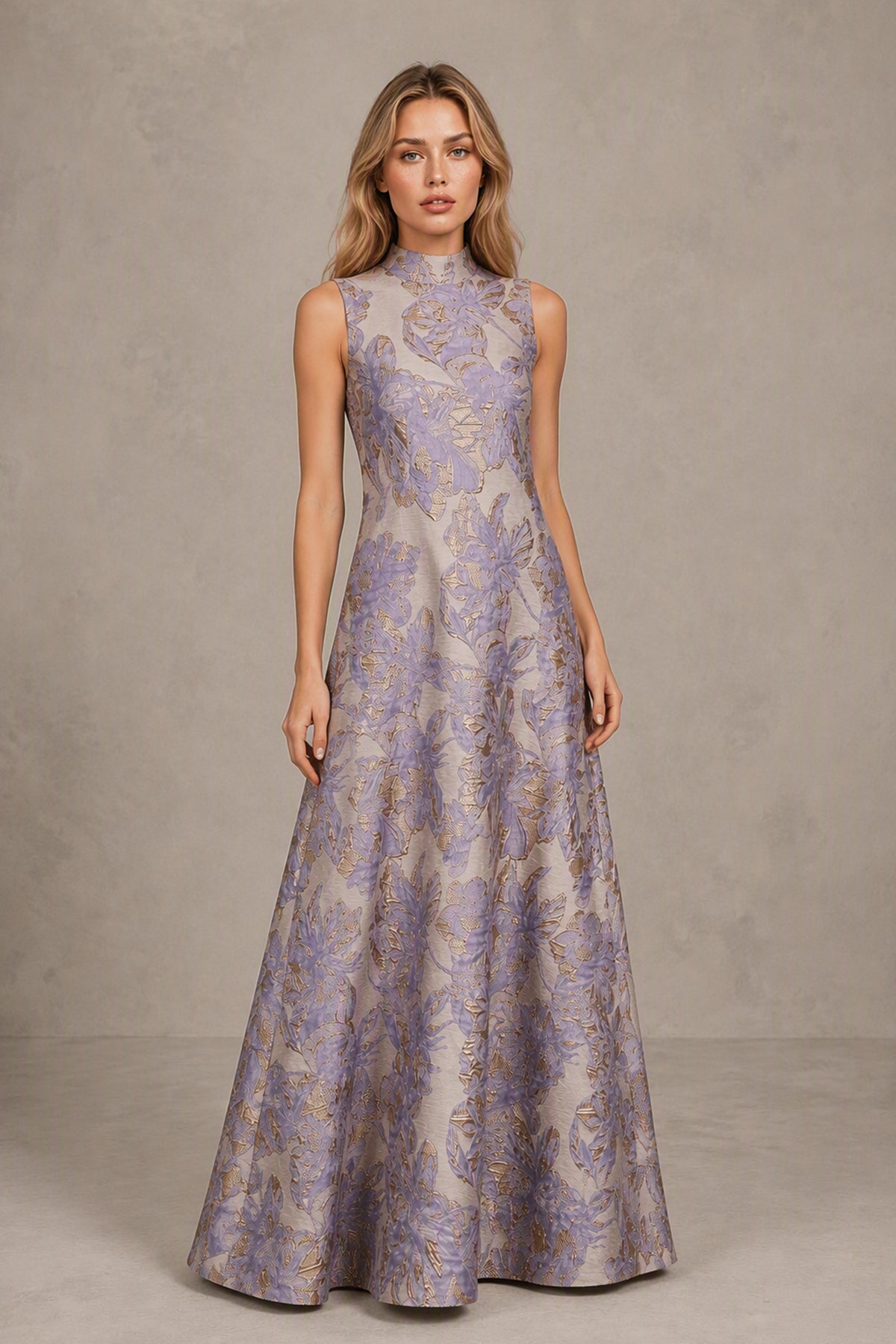 BOLODOO Purple Jacquard High Neck Sleeveless A-Line Maxi Dress – Wedding Guest & Formal Evening Gown - Purple