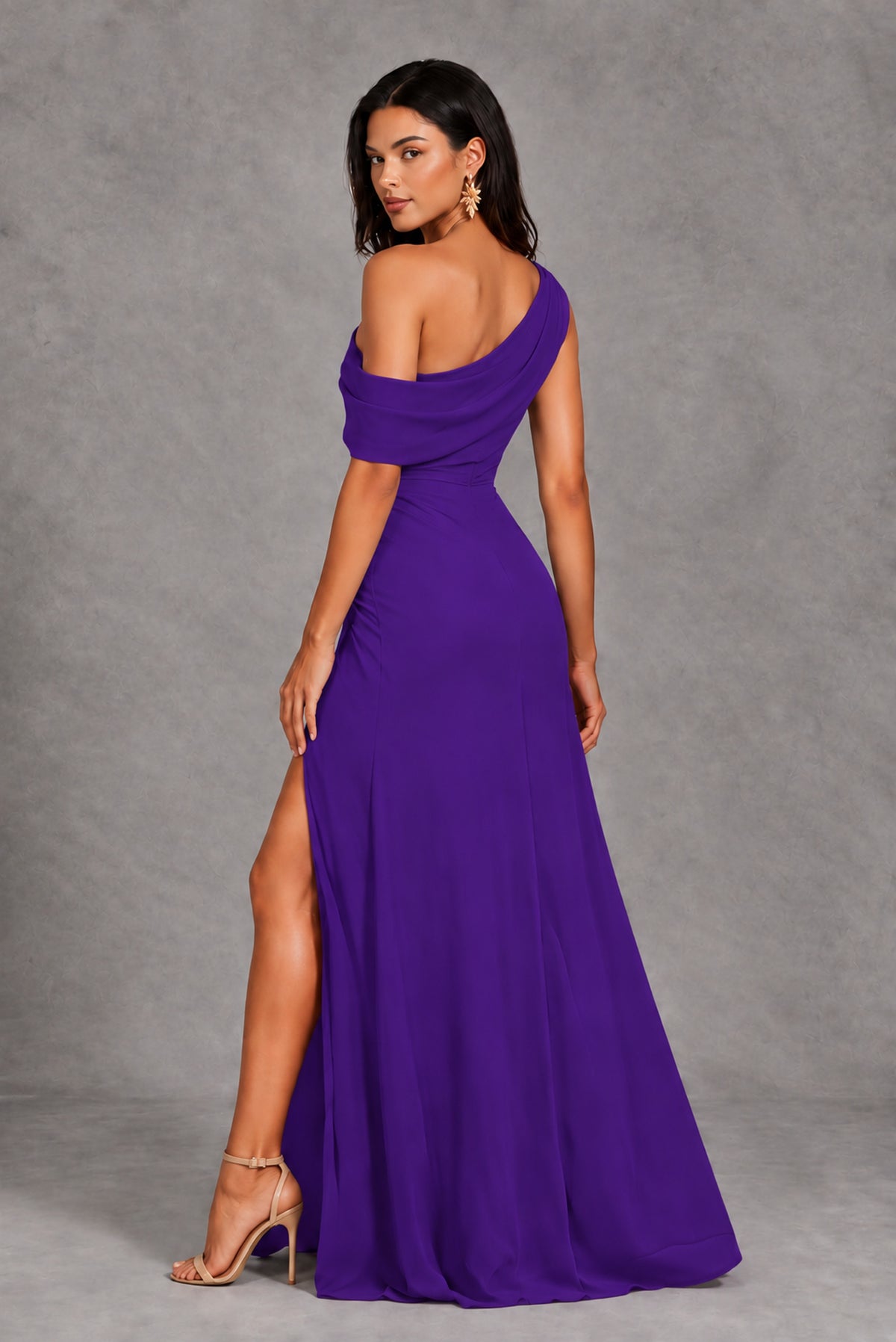 Purple One-Shoulder Floor-Length Evening Gown with High Slit - Purple