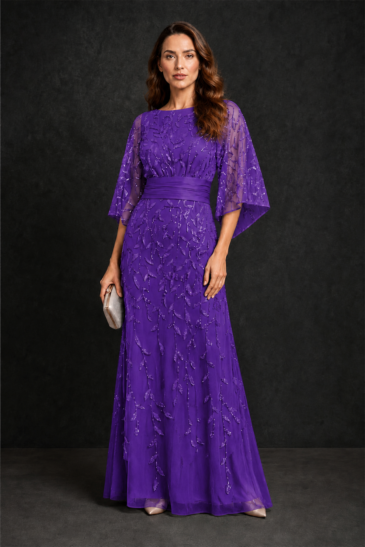 BOLODOO Purple Bateau Neck Bell Sleeve Sequin Embroidered Satin Waist A-Line Maxi Dress - Purple - Purple_4