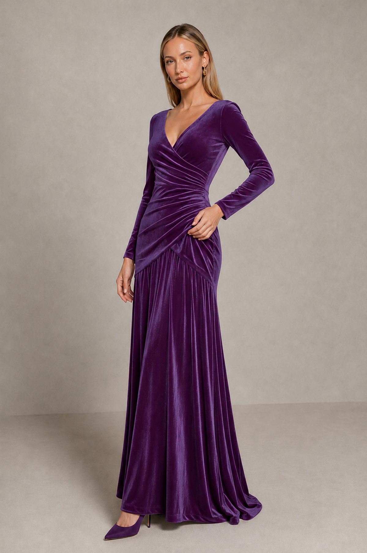 BOLODOO Purple Velvet Long Sleeve V-Neck Ruched Evening Dress - Purple - Purple_4
