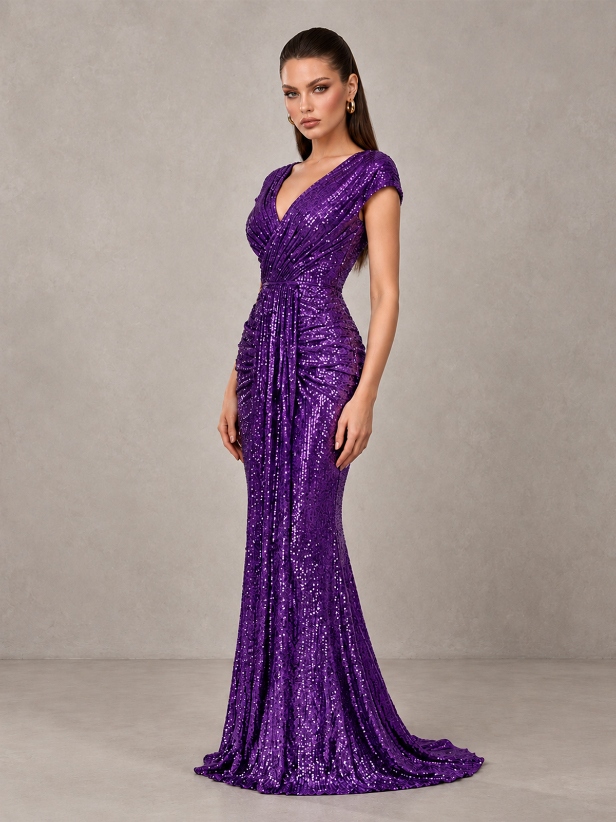BOLODOO Purple Glitter V-Neck Cap Sleeve Ruched Mermaid Evening Gown - Purple - Purple_4