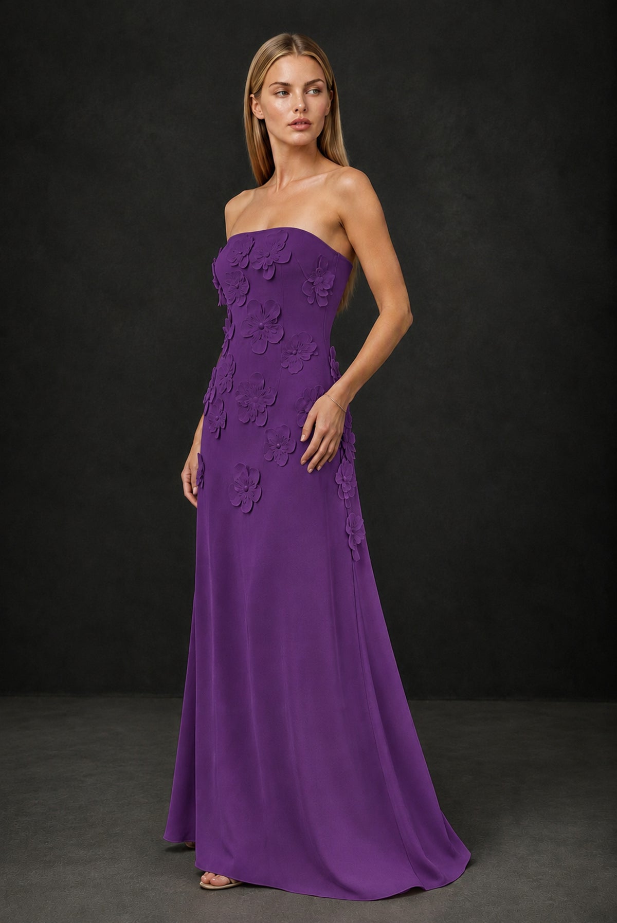 BOLODOO Purple Strapless 3D Floral Appliqué Crepe Maxi Gown - Purple