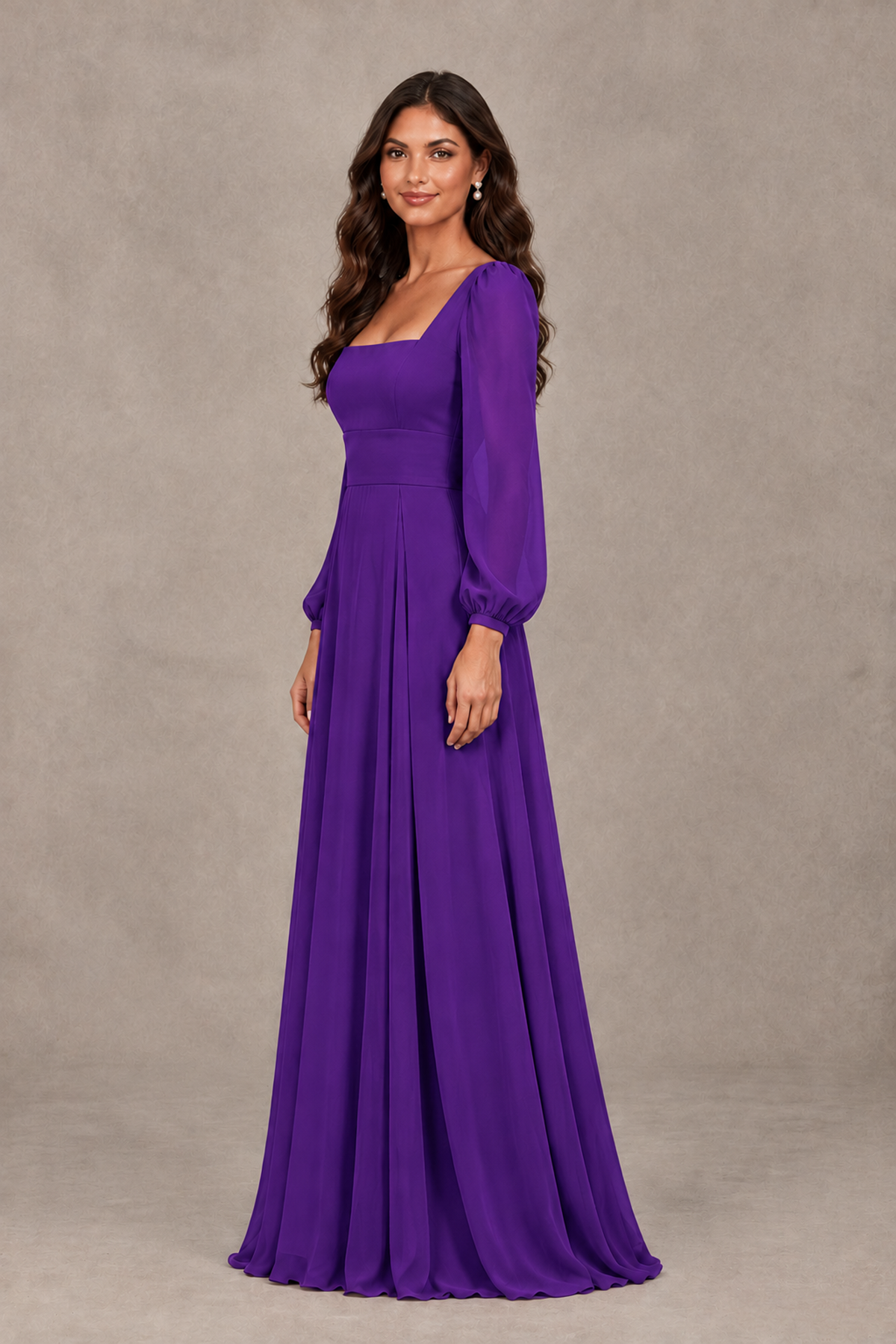 BOLODOO Purple Square Neck Long Sleeve A-Line Bridesmaid Dress - Purple - Purple_4