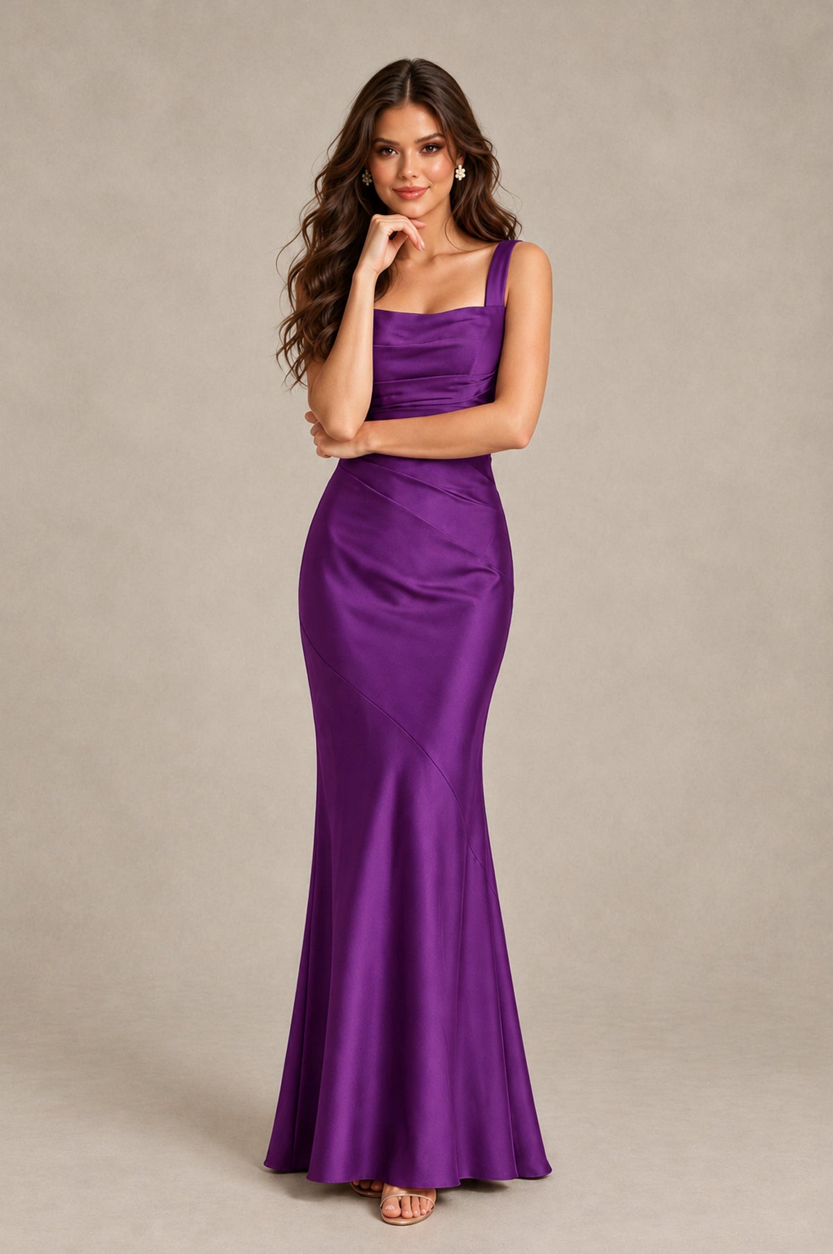 BOLODOO Purple Square Neck Ruched Satin Lace-Up Bridesmaid Dress - Purple - Purple_4