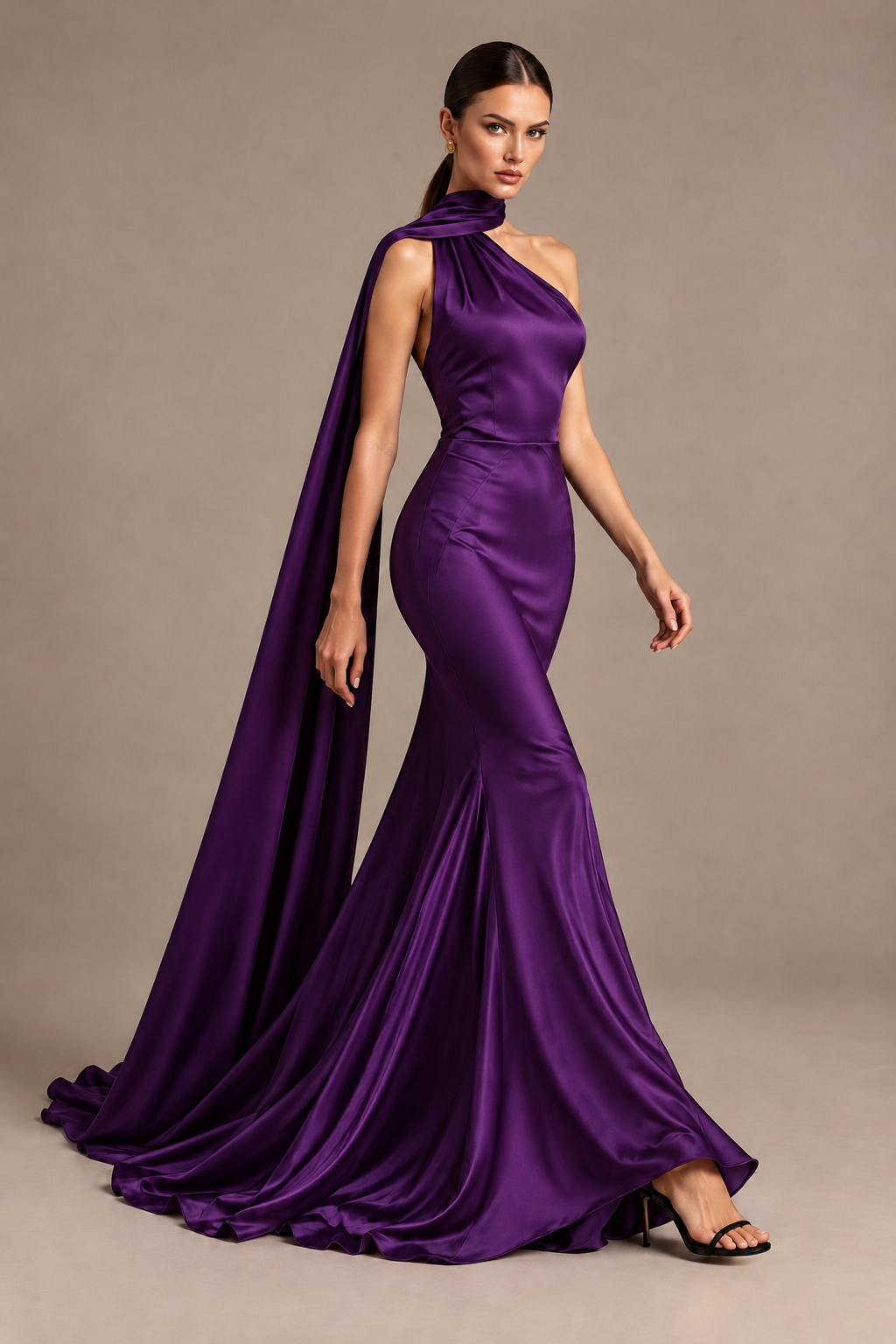 BOLODOO Purple One-Shoulder Satin Mermaid Evening Dress with Scarf - Purple - Purple_4