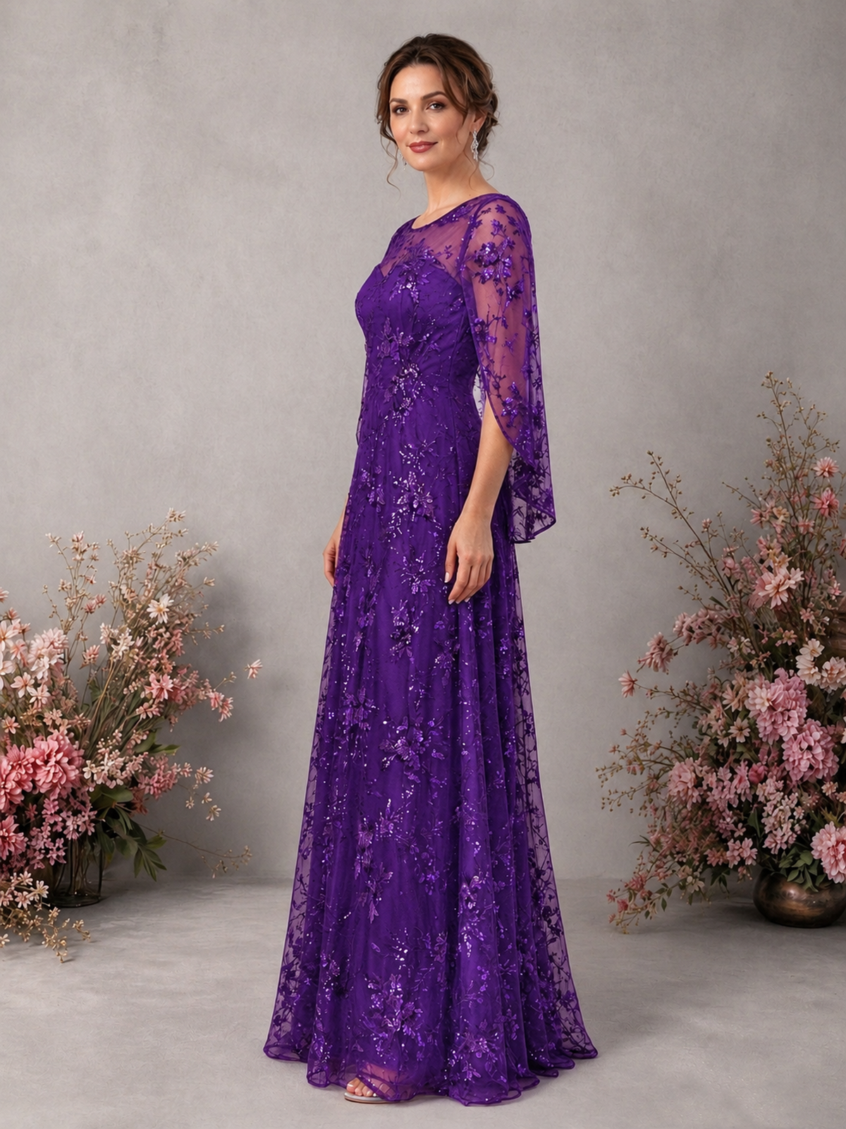 BOLODOO Purple Sequin Lace Cape Sleeve Formal Evening Gown - Purple - Purple_4