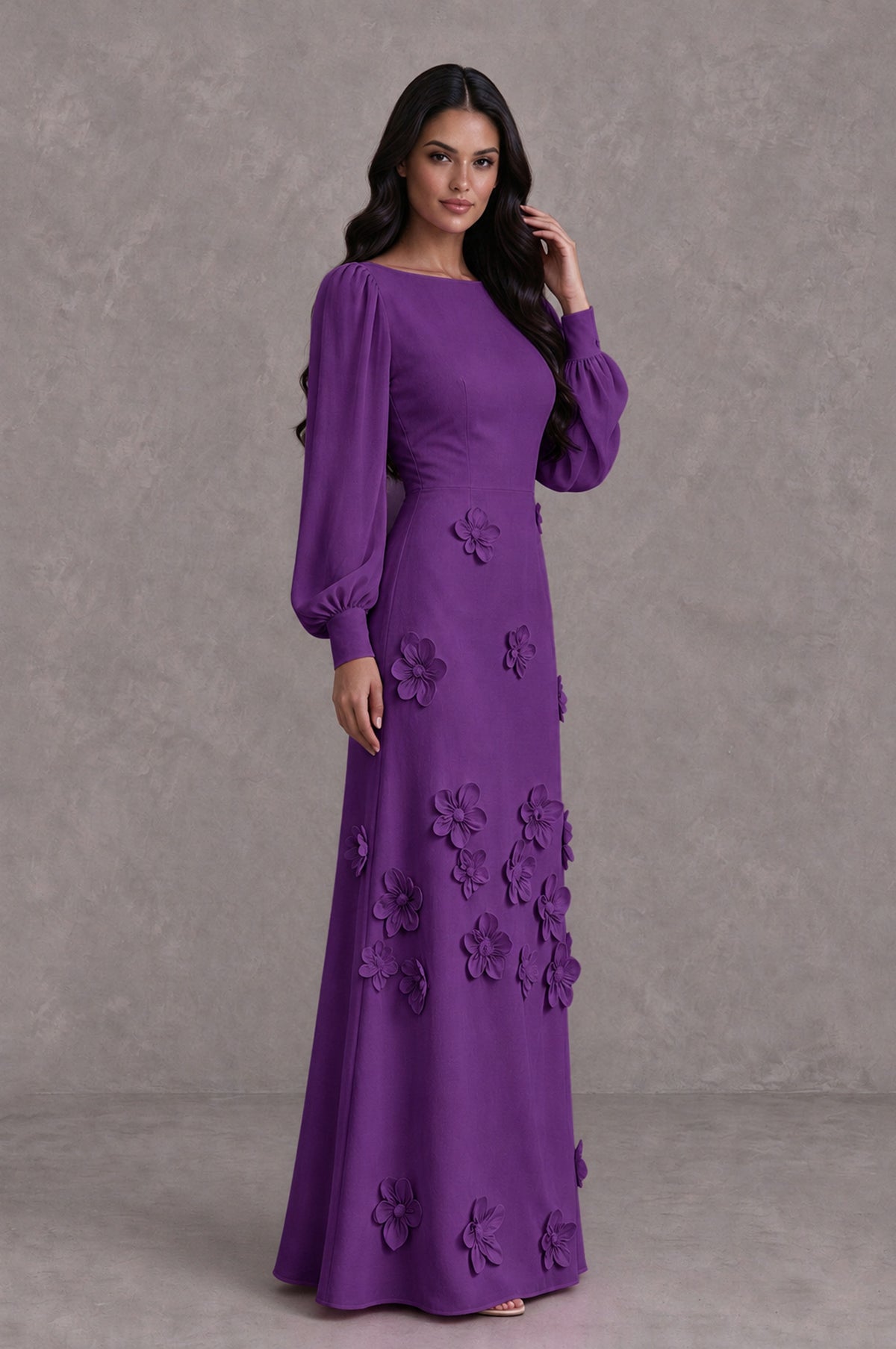 BOLODOO Purple Long Sleeve Floral Applique A-Line Evening Dress - Purple - Purple_4