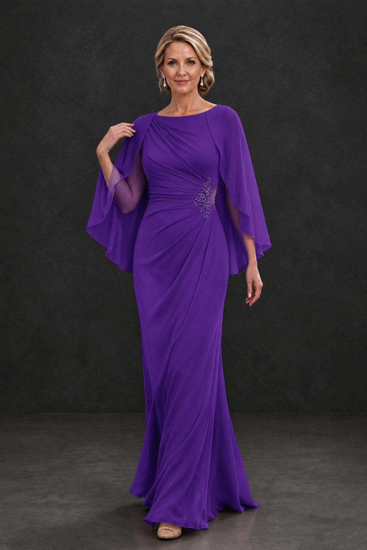 BOLODOO Purple Cape Sleeve Mother of the Bride Dress with Ruched Waist - Purple - Purple_4