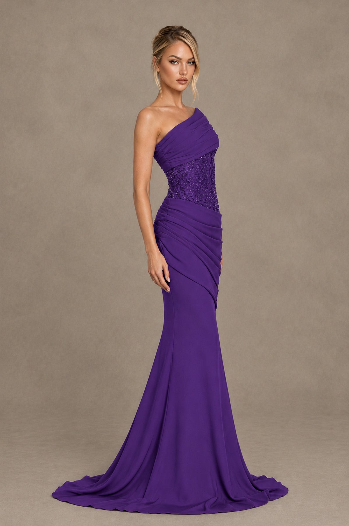 BOLODOO Purple One-Shoulder Sequin Embroidered Ruched Mermaid Gown with Train - Purple - Purple_4