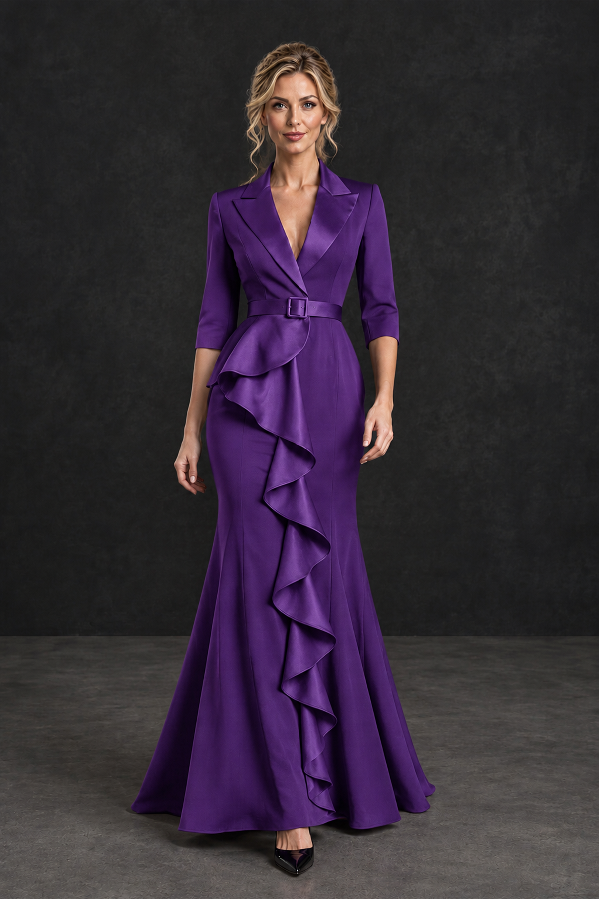 BOLODOO Purple Lapel Ruffle Mother of the Bride Dress with Belt - Purple - Purple_4