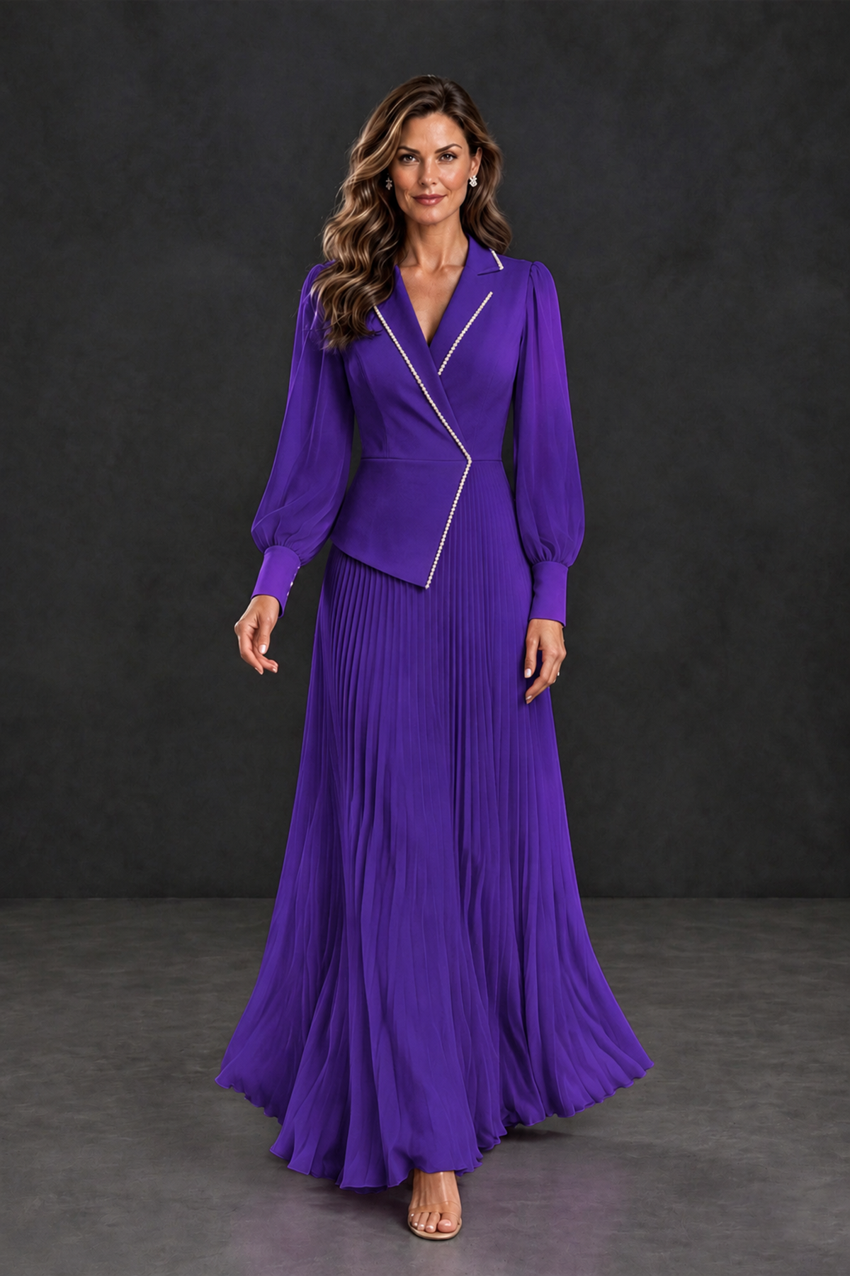BOLODOO Purple Long Sleeve Pleated Mother of the Bride Dress - Purple - Purple_4
