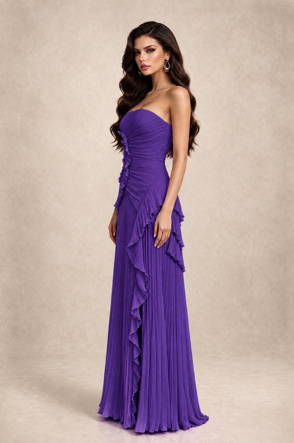 BOLODOO Purple Strapless Ruffle Pleated Slit Evening Gown - Purple - Purple_4