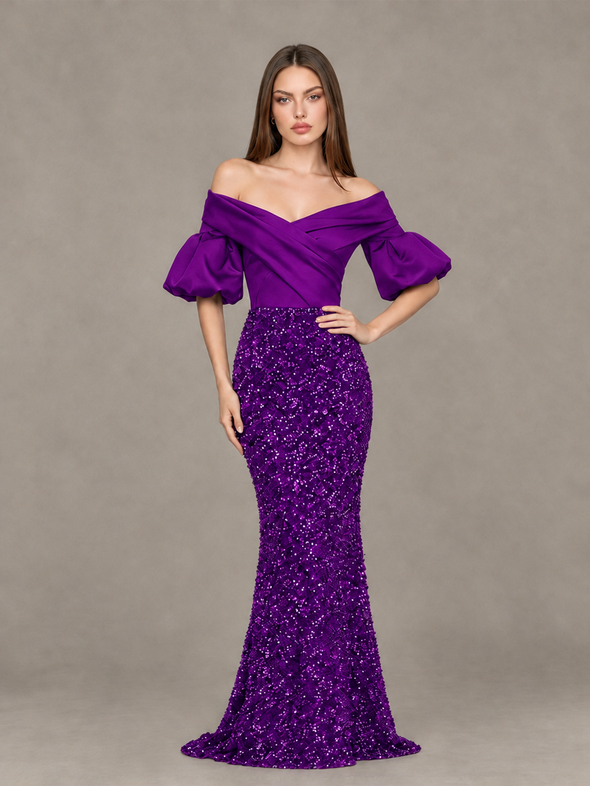 BOLODOO Purple Off-Shoulder Puff Sleeve Sequin Mermaid Evening Dress - Purple - Purple_4