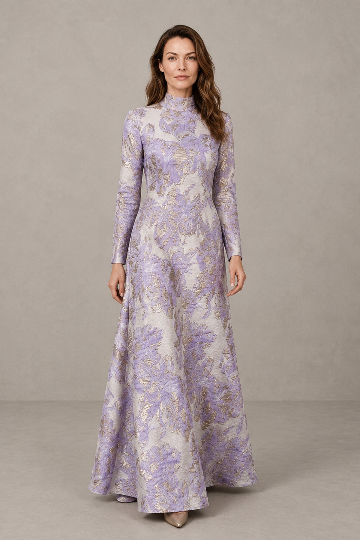 BOLODOO Purple Floral Jacquard Long Sleeve Evening Gown - Purple