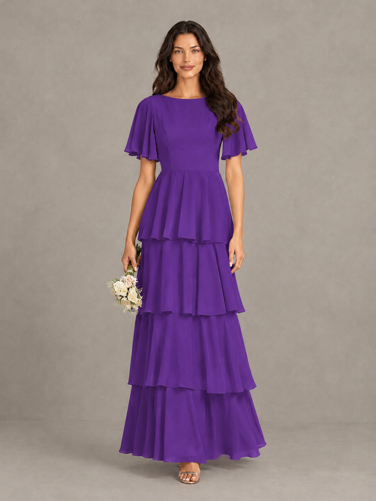 BOLODOO Purple Tiered Flutter Sleeve Bridesmaid Dress - Purple - Purple_4