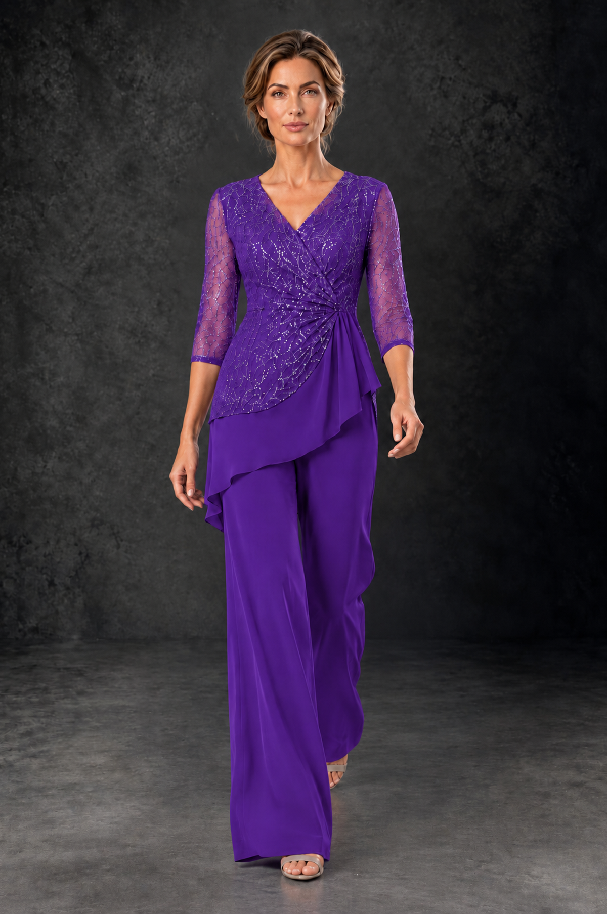 BOLODOO Purple Sequin Lace 3/4 Sleeve Chiffon Mother of the Bride Pant Suit - Purple - Purple_4