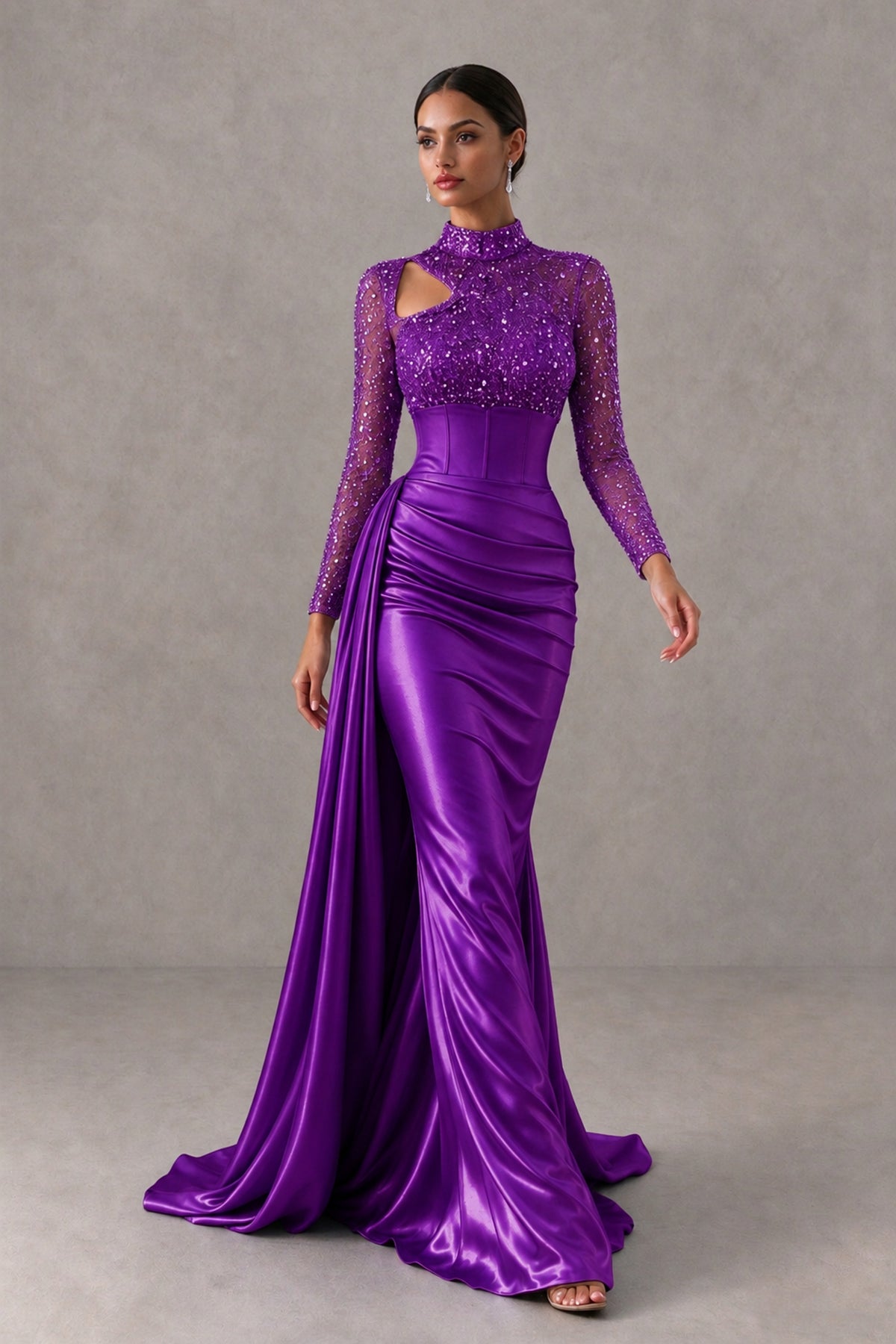 BOLODOO Purple Long Sleeve Embellished Satin Mermaid Evening Gown - Purple - Purple_4