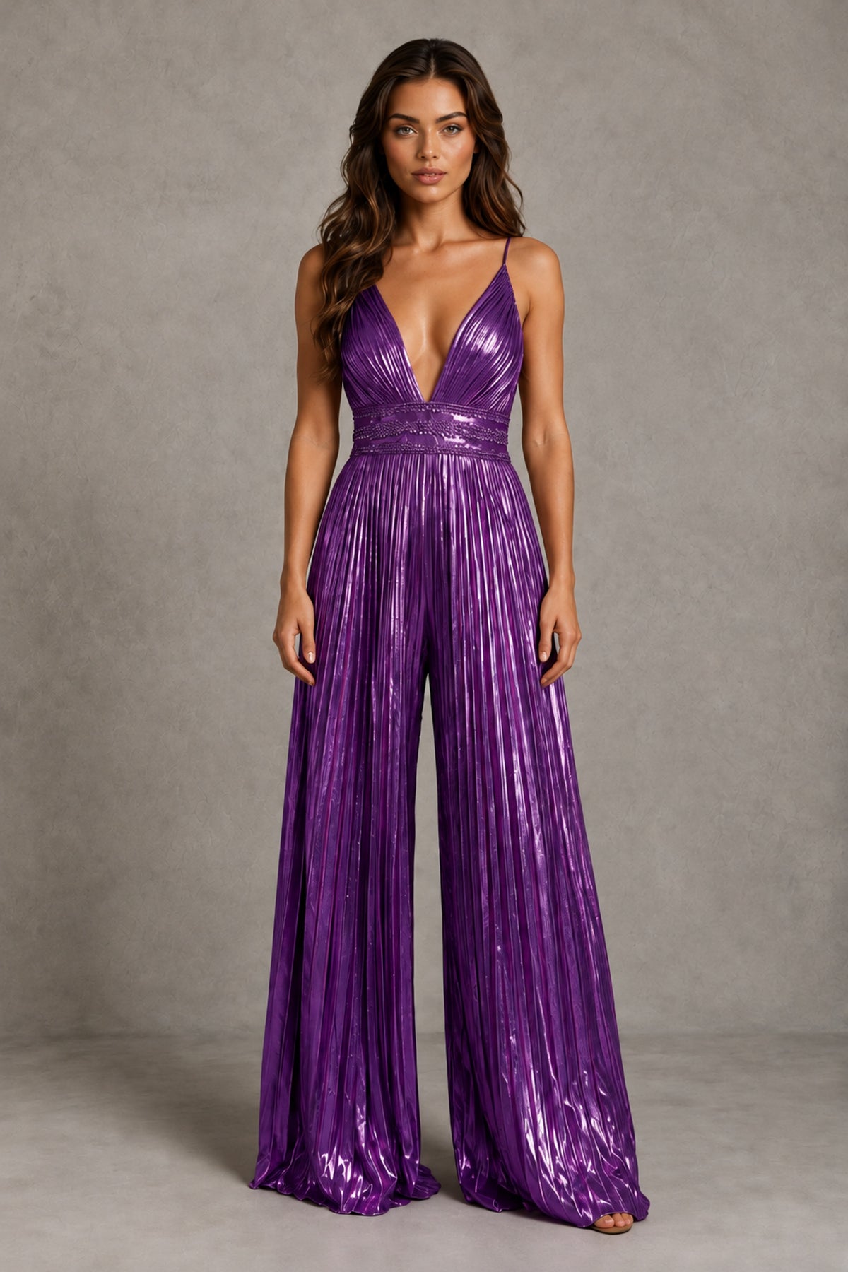 BOLODOO Purple Pleated Wide-Leg Jumpsuit with Open Back - Purple