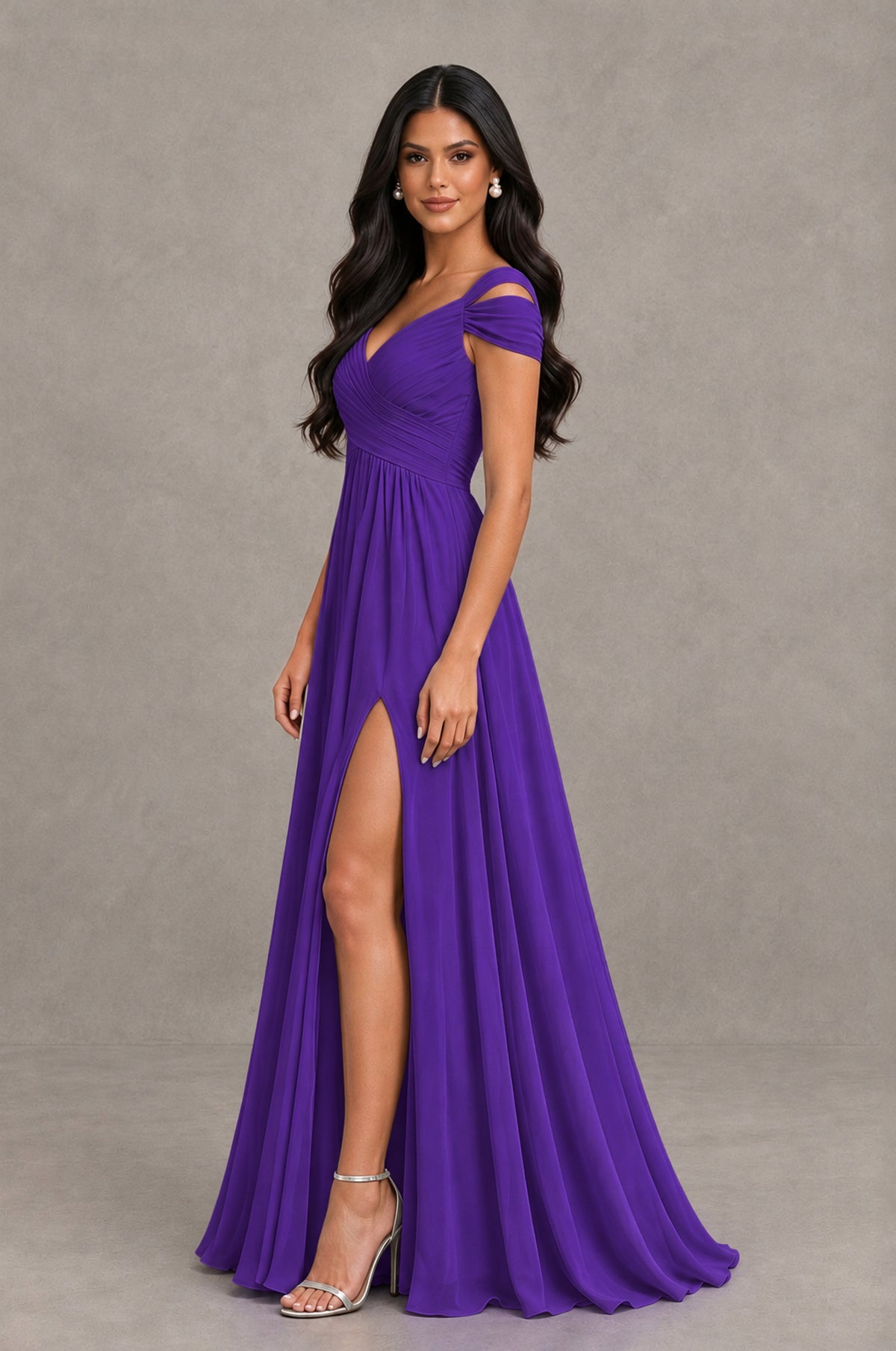 BOLODOO Purple Cold Shoulder Chiffon Evening Dress with V Neck and High Slit - Purple - Purple_4