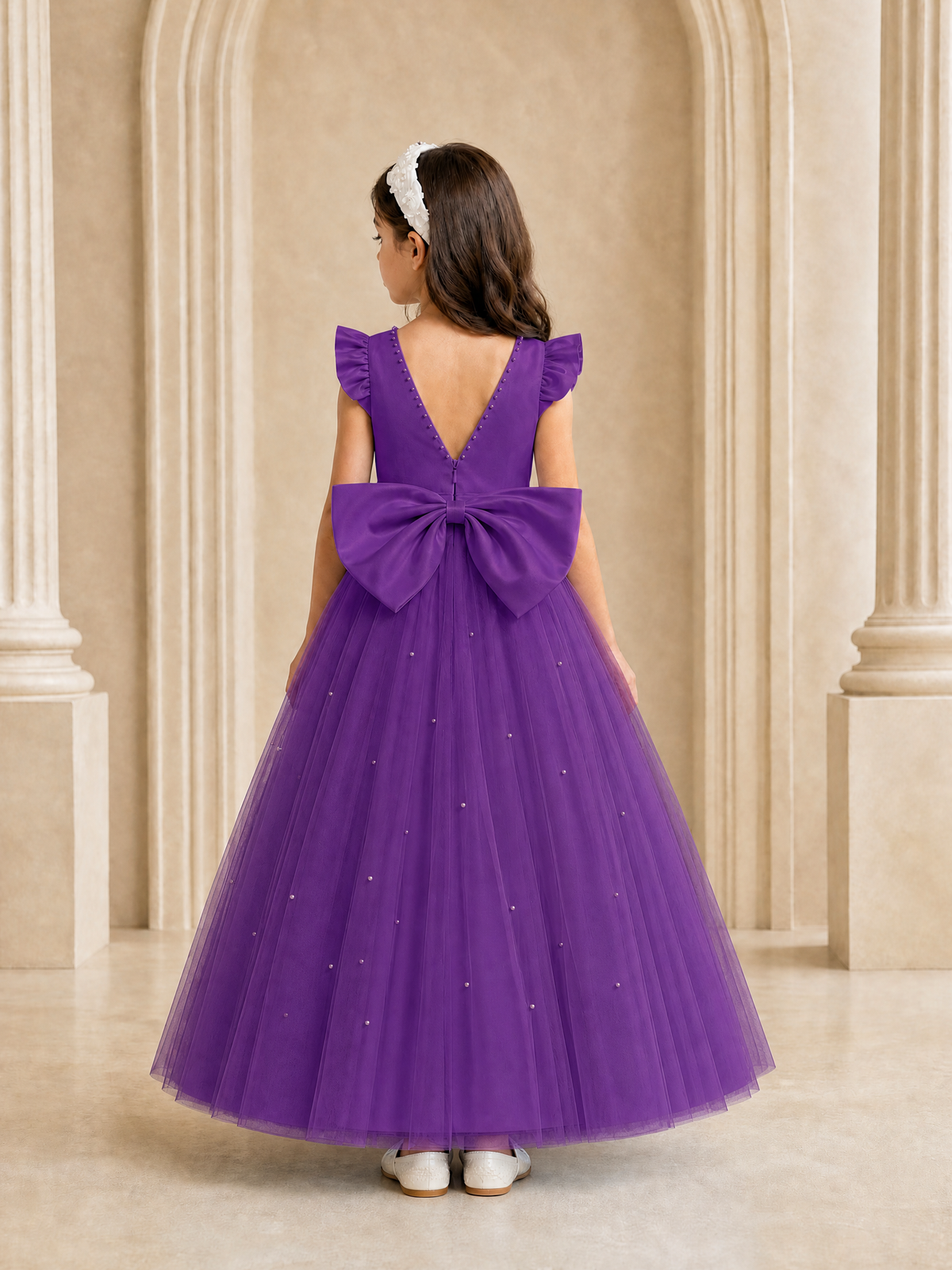 BOLODOO Purple Tulle Flower Girl Dress with Ruffle Sleeves & Bow Back - Purple - Purple_4