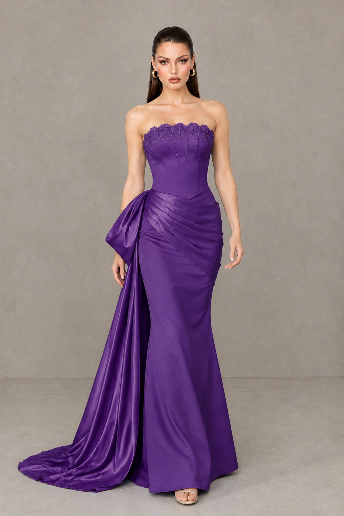 BOLODOO Purple Strapless Satin Prom Dress with Draped Side Train - Purple - Purple_4