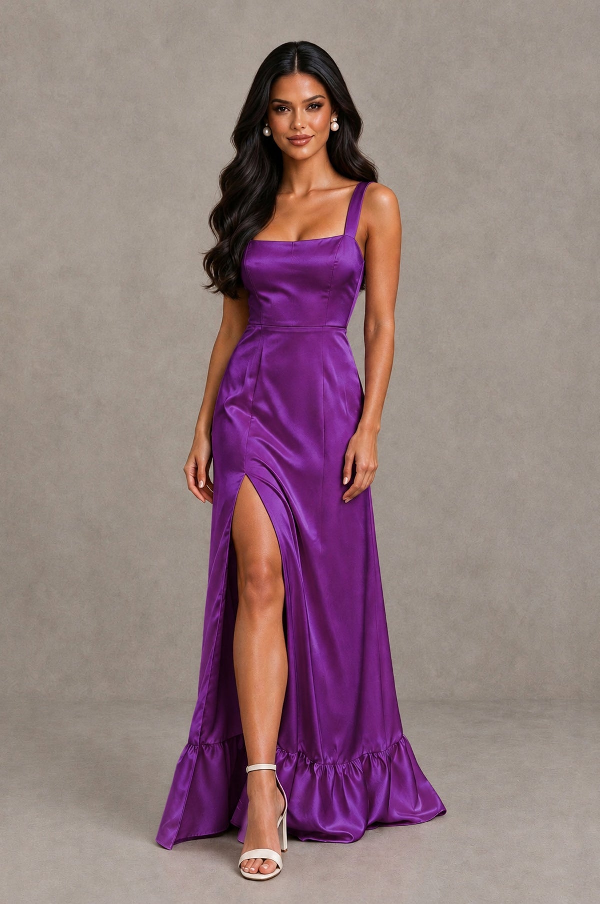 BOLODOO Purple Square Neck Satin Evening Dress with Lace-Up Back and High Slit - Purple - Purple_4