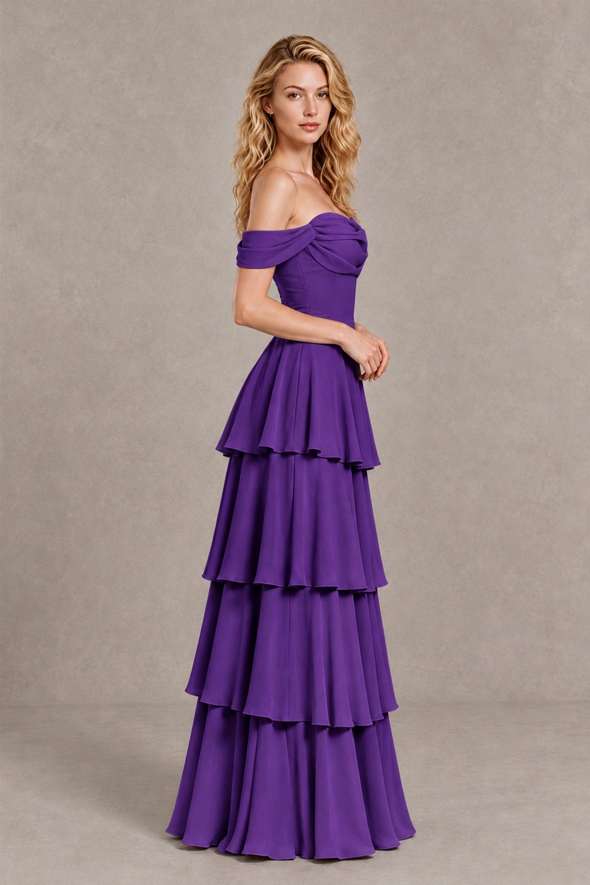 BOLODOO Purple Off-the-Shoulder Tiered A-Line Evening Bridesmaid Dress - Purple - Purple_4