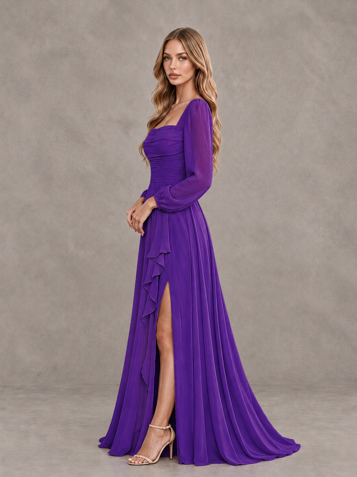 BOLODOO Purple Square Neck Long Sleeve Bridesmaid Dress with Ruffle Slit - Purple - Purple_4
