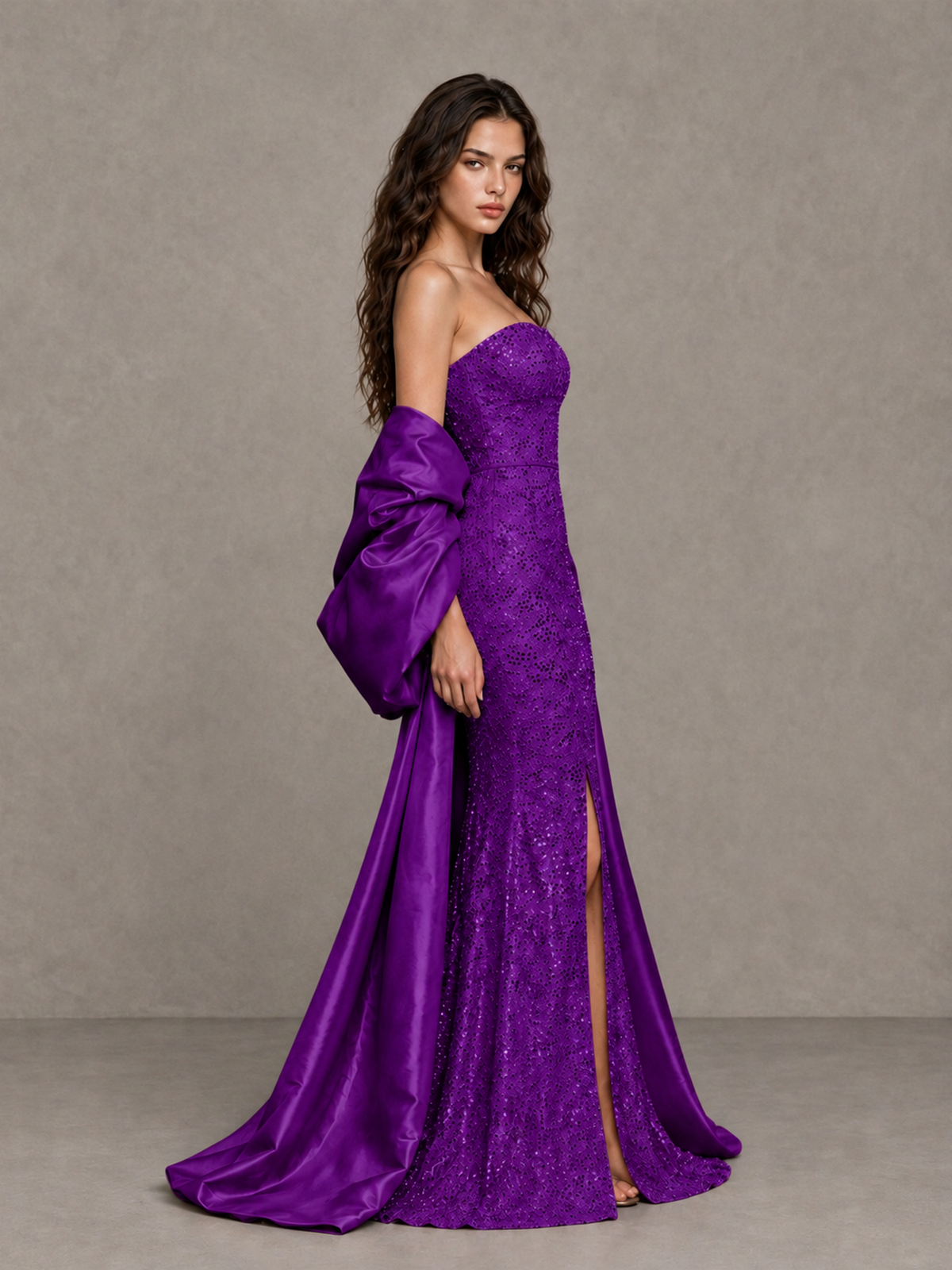 BOLODOO Purple Strapless Sparkle Mermaid Prom Dress with Front Slit and Draped Sleeves - Purple - Purple_4