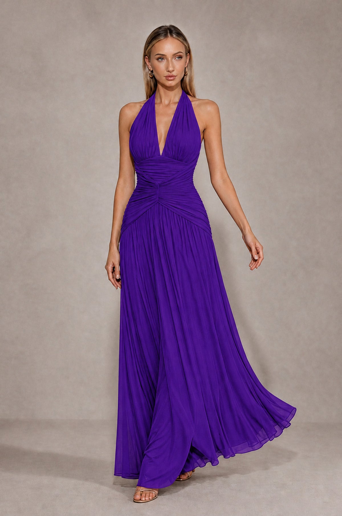 BOLODOO Purple Chiffon Halter Deep V-Neck Ruched A-Line Backless Maxi Dress with Train-BD0167 - Purple - Purple_4