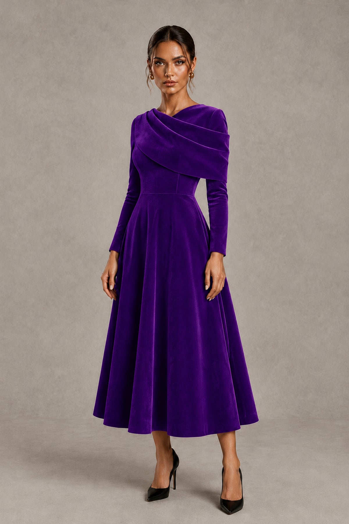 BOLODOO Purple Velvet-Look Long Sleeve Tea-Length A-Line Dress with Draped Neckline - Purple - Purple_4