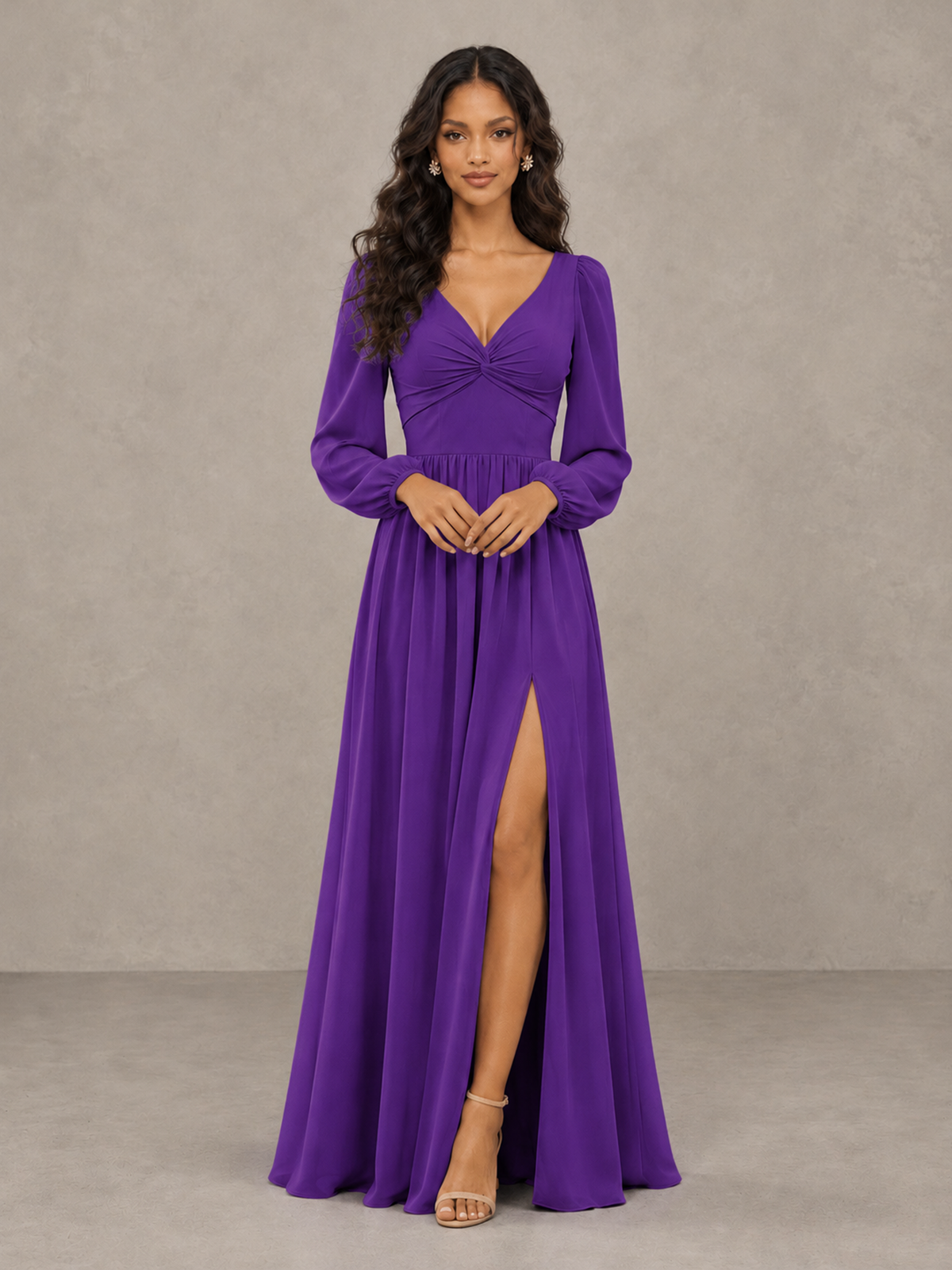 BOLODOO Purple V-Neck Long Sleeve Bridesmaid Dress with Tie Back and Slit - Purple - Purple_5