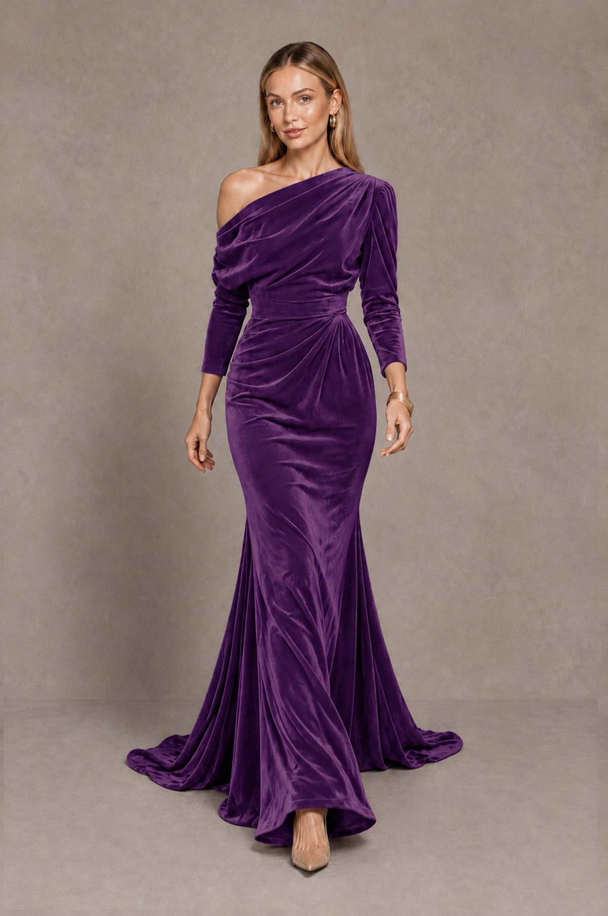 BOLODOO Purple Velvet Asymmetric Neck Mermaid Evening Dress - Purple - Purple_5