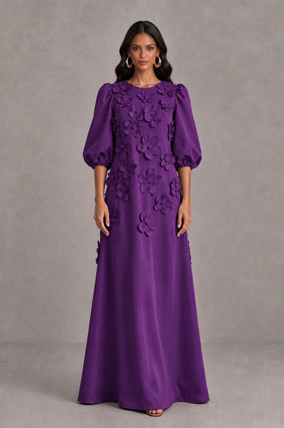 BOLODOO Purple Floral Applique Puff Sleeve A-Line Evening Dress - Purple - Purple (1)