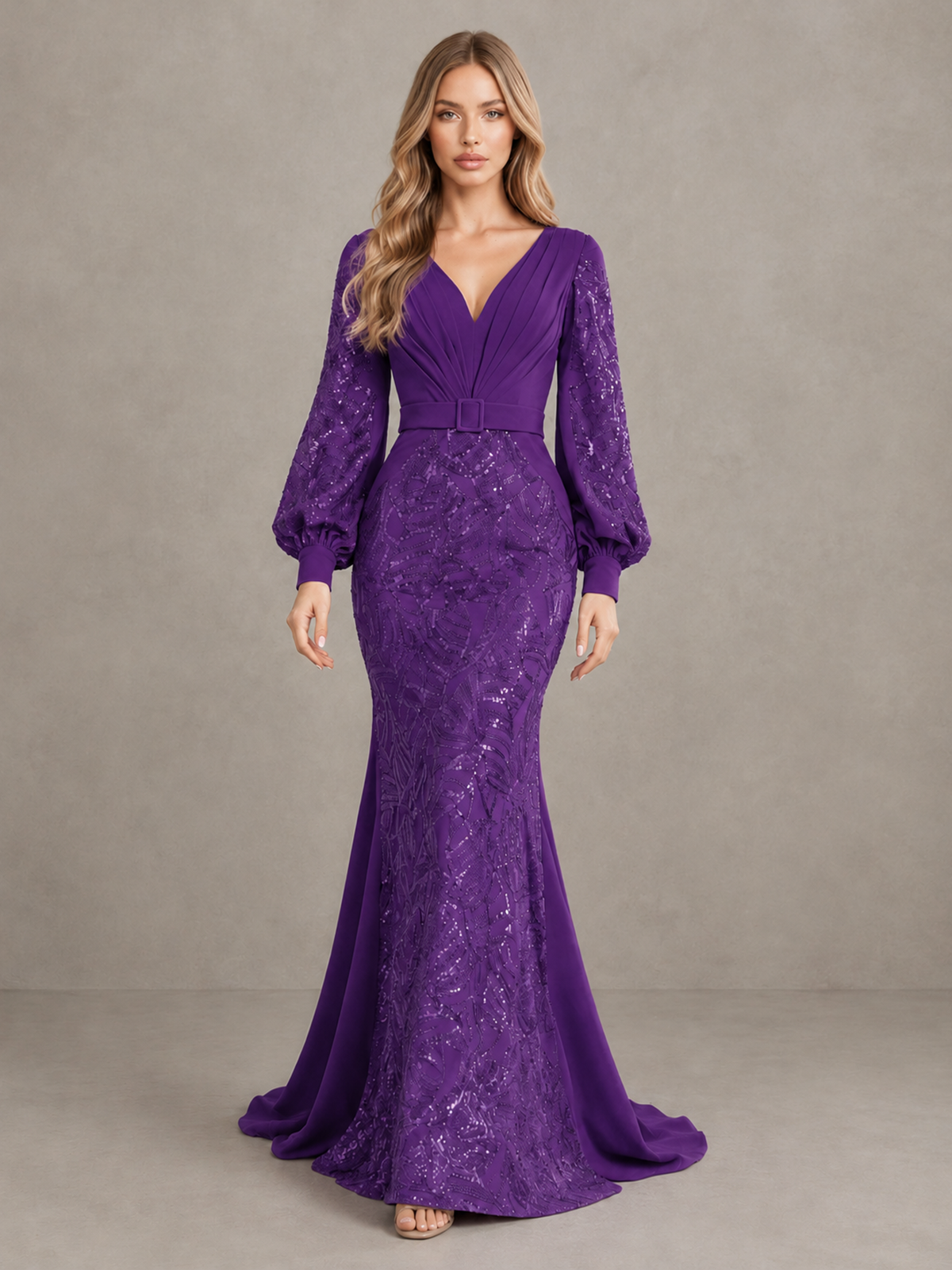 BOLODOO Purple Sequin Long Bishop Sleeve Mermaid Evening Dress - Purple - Purple (1)