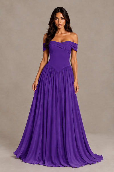 BOLODOO Purple Off-Shoulder Sweetheart Corset Pleated Chiffon Maxi Dress - Purple - Purple (1)