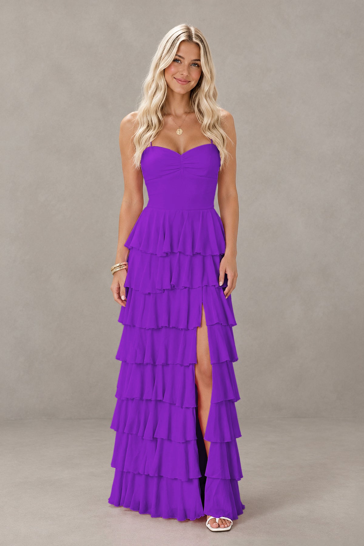 BOLODOO Purple Strapless Tiered Ruffle Maxi Dress with Slit & Lace-Up Back - Purple