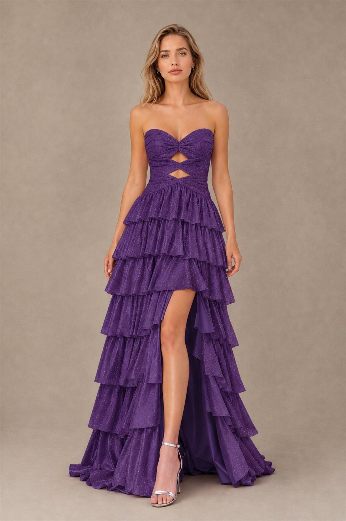 BOLODOO Purple Strapless Cutout Tiered Ruffle Prom Dress with High Slit - Purple - Purple (1)