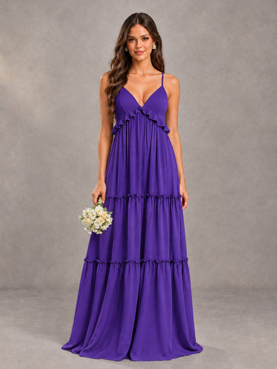 BOLODOO Purple Tiered V-Neck Lace-Up Back Bridesmaid Dress - Purple - Purple (1)