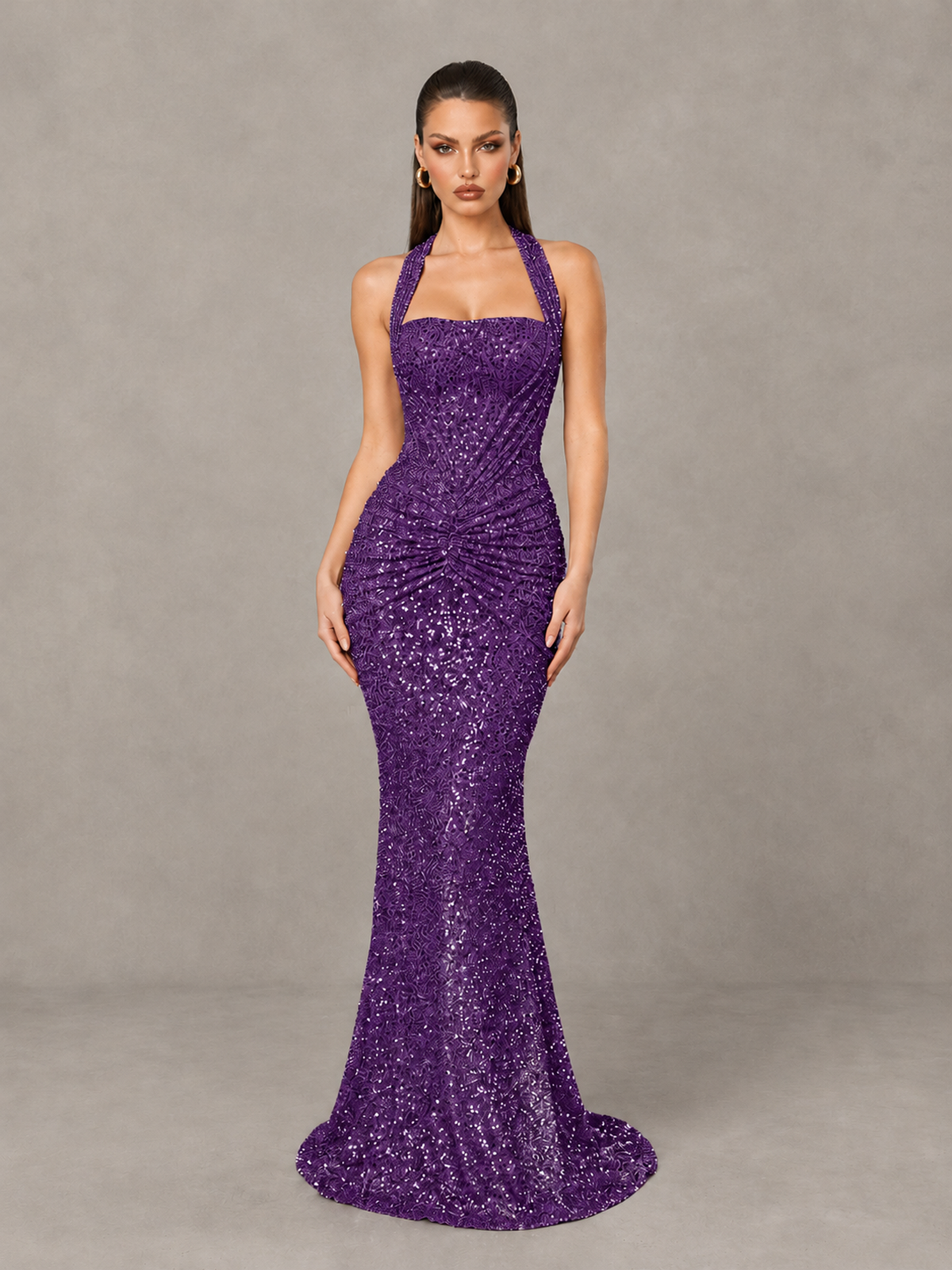 BOLODOO Purple Sequin Halter Mermaid Evening Gown - Purple - Purple (1)