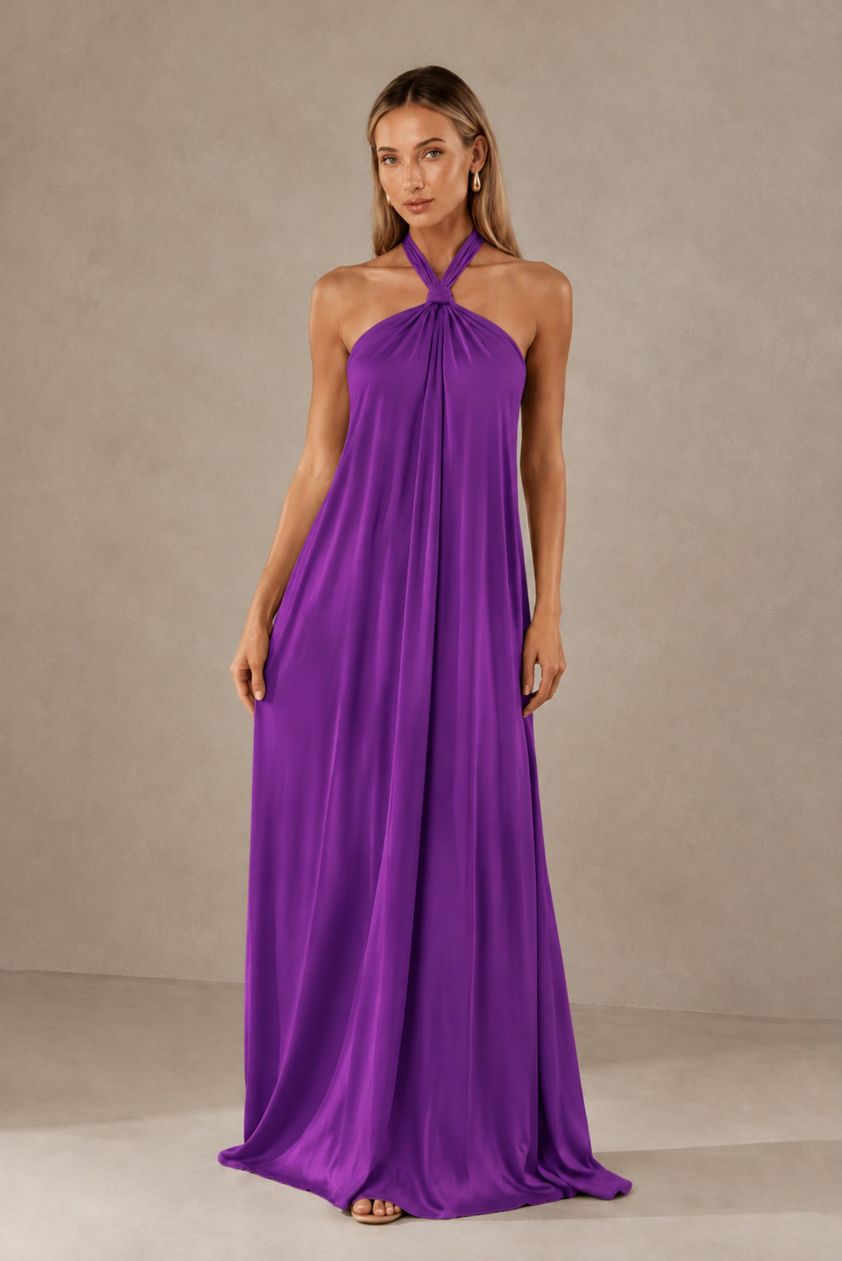BOLODOO Purple Backless Halter Satin Bridesmaid Dress - Purple