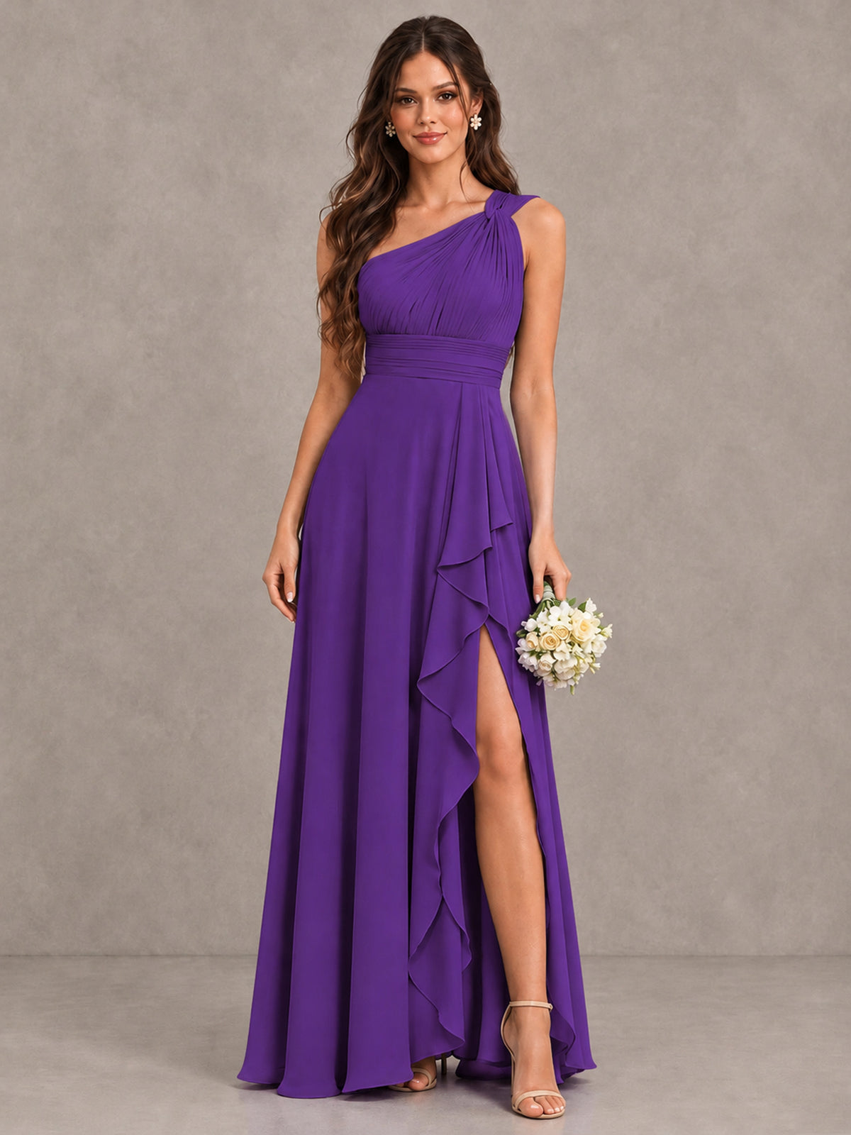 BOLODOO Purple One-Shoulder Ruffle Bridesmaid Dress with Slit - Purple - Purple (1)