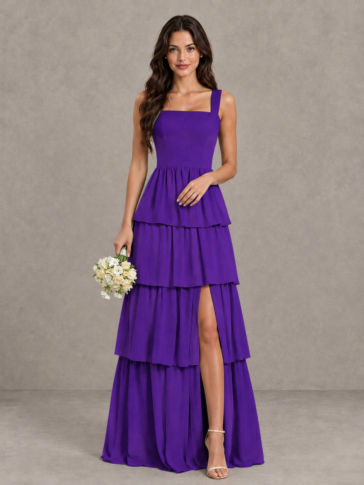 BOLODOO Purple Square Neck Tiered Bridesmaid Dress with Slit - Purple - Purple (1)