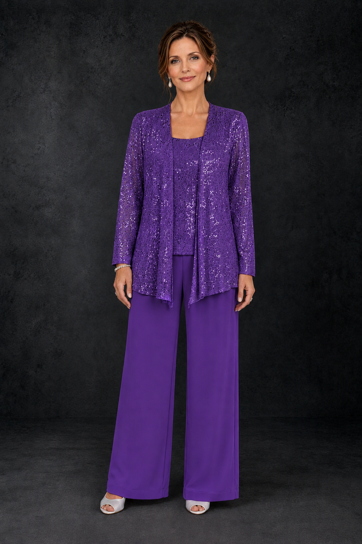 BOLODOO Purple Sequin Lace 3-Piece Pant Suit with Long Sleeve Jacket - Purple - Purple (1)