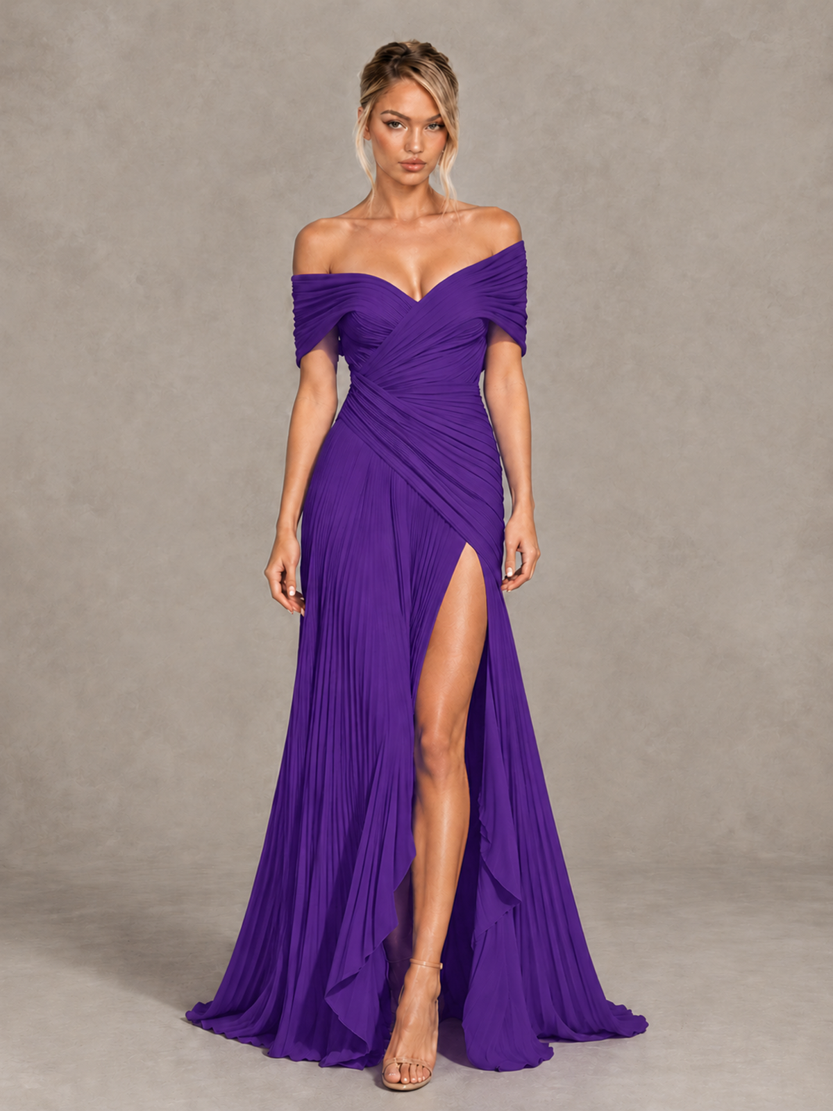 BOLODOO Purple Off-Shoulder Ruched Pleated Maxi Dress with High Slit - Purple - Purple (1)