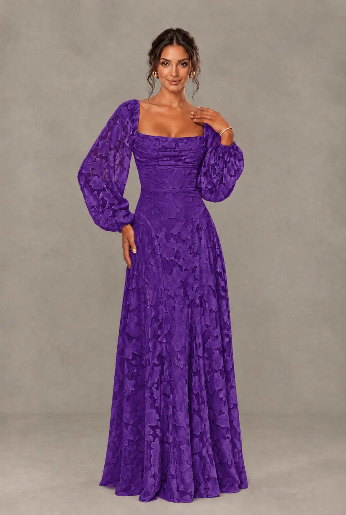 BOLODOO Floral Purple Long Sleeve A-Line Dress with Lace-Up Back - Purple
