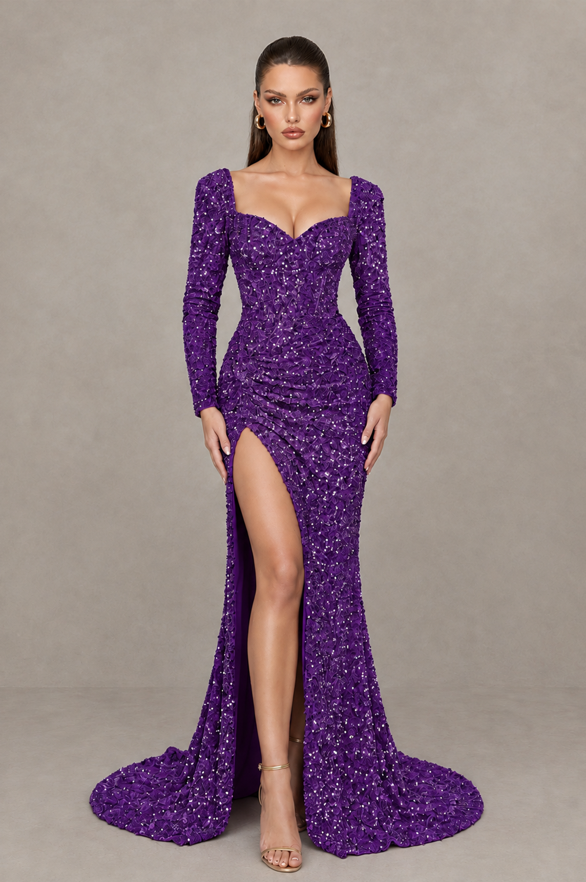 BOLODOO Purple Sequin Long Sleeve Evening Gown with High Slit - Purple - Purple (1)
